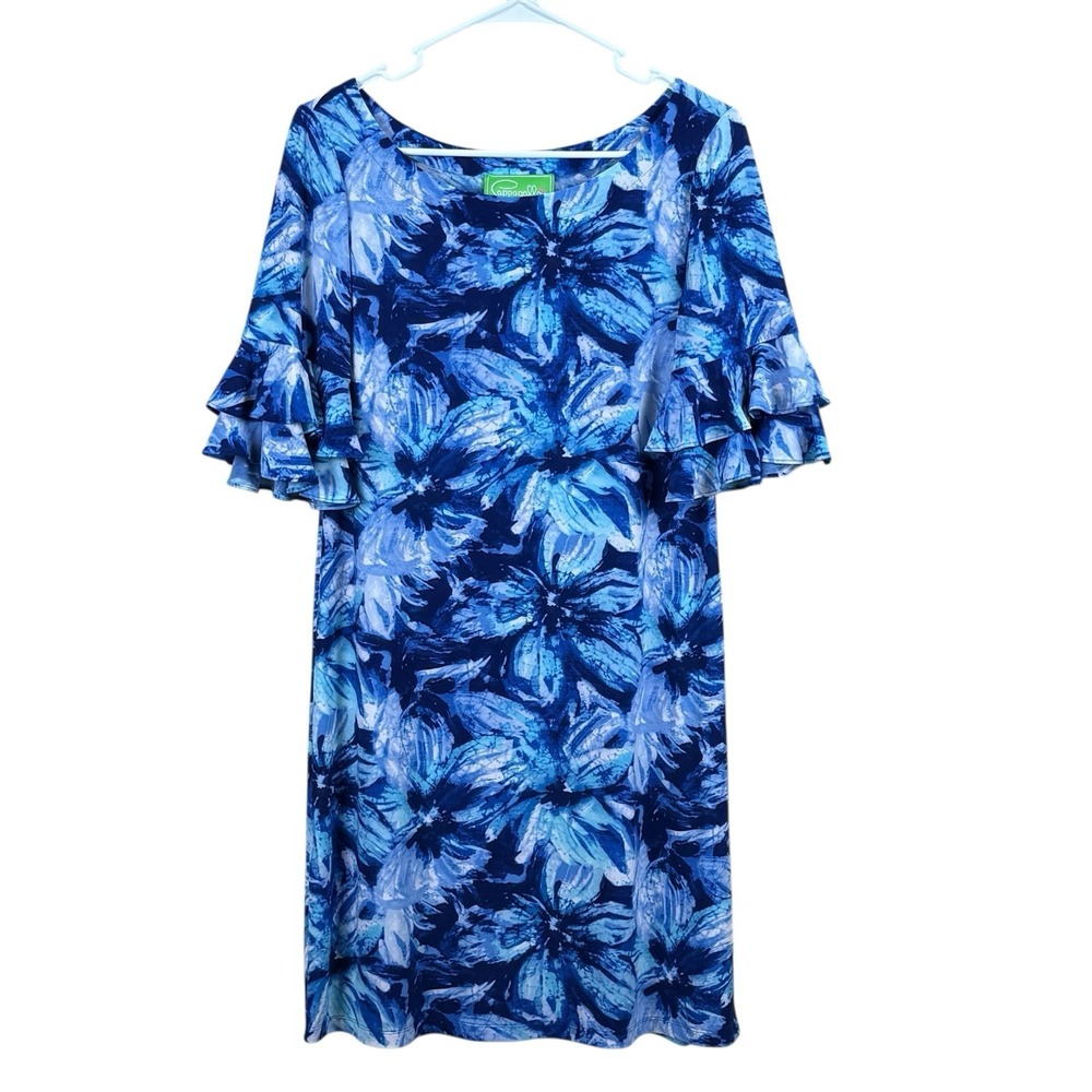 PAPPAGALLO RUFFLE SLEEVE BLUE FLORAL‎ PRINT STRETCHY DRESS - SIZE SMALL EUC